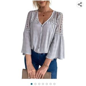 ⭐️3/4 Bell Sleeve V Neck Button Down Crochet Lace Loose Top⭐️
